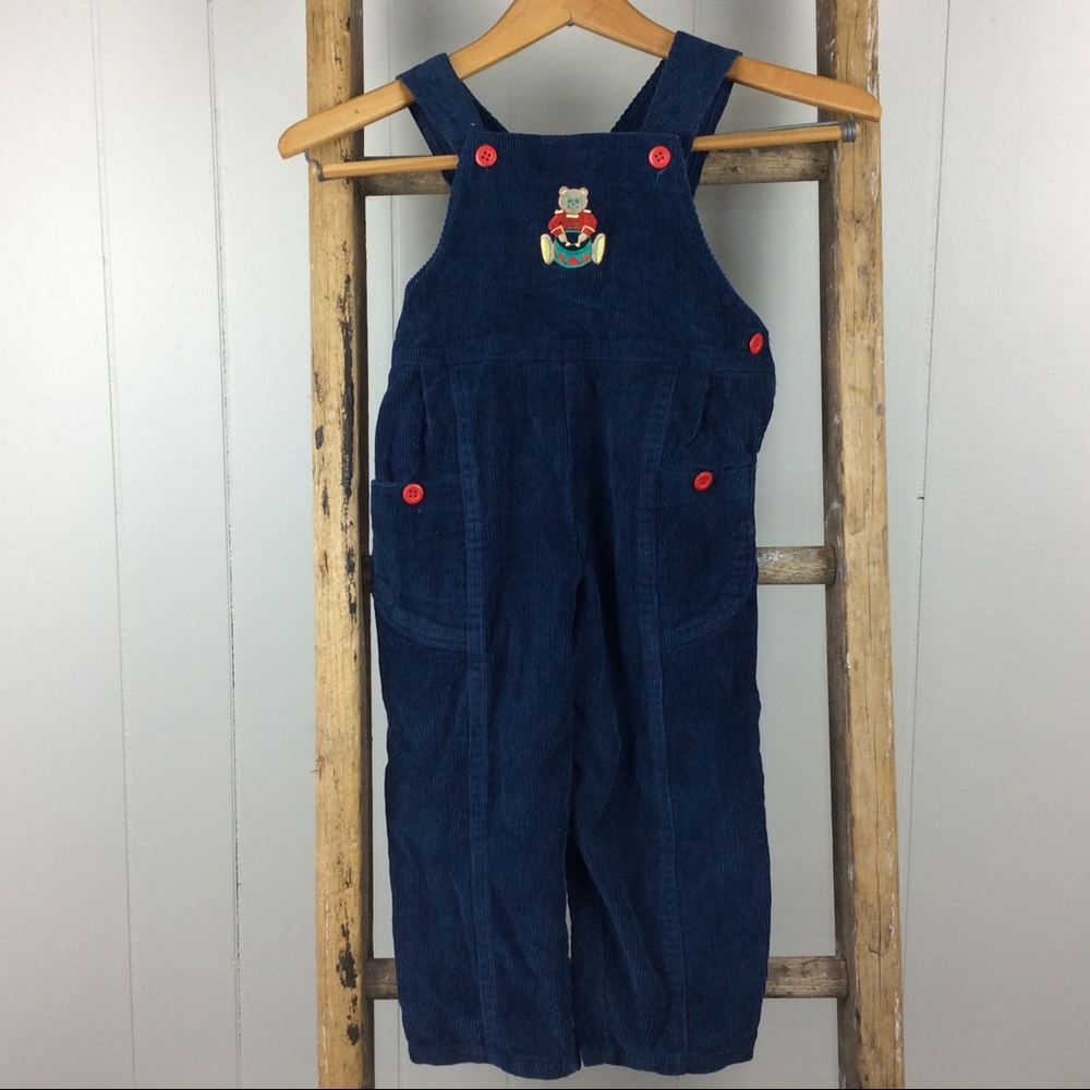 VTG Corduroy Overalls With Pockets and Embroidered Bear Christmas